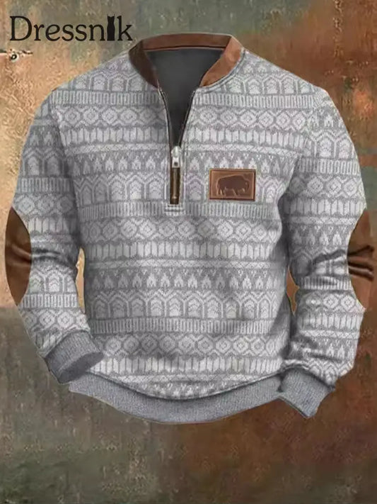 Herren Retro Western Textured Muster Print Henley Casual Outdoor Dickes Sweatshirt A / S