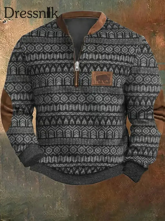 Herren Retro Western Textured Muster Print Henley Casual Outdoor Dickes Sweatshirt A / S