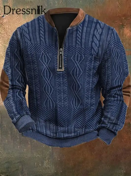 Herren Retro Western Textured Muster Print Henry Casual Outdoor Dickes Sweatshirt A / S