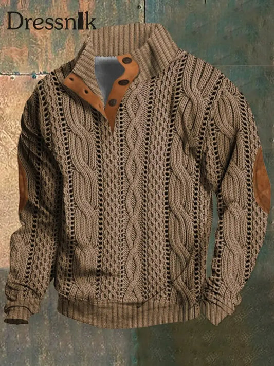 Herren Retro Western Textured Muster Print Henry Casual V-Ausschnitt Outdoor Dicker Pullover A / S