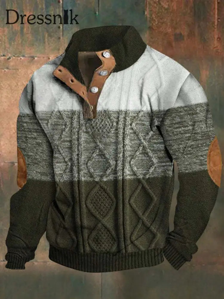 Herren Retro Western Textured Muster Print Henry Casual V-Ausschnitt Outdoor Dicker Pullover A / S