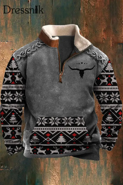 Herren Retro Western Weihnachten Textur Muster 3D-Druck Pelzkragen Reiß Verschluss Flush Outdoor