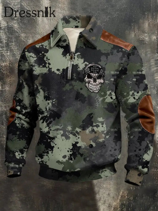 Herren robuster Camo Deutsches Kreuz Schädel Leder-Akzent Quarter-Reiß verschluss Sweatshirt mehrfarbig / S
