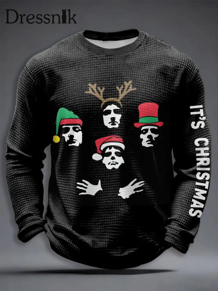Herren Rock Band inspirierte Weihnachts Waffel Langarm T-Shirt Schwarz / S