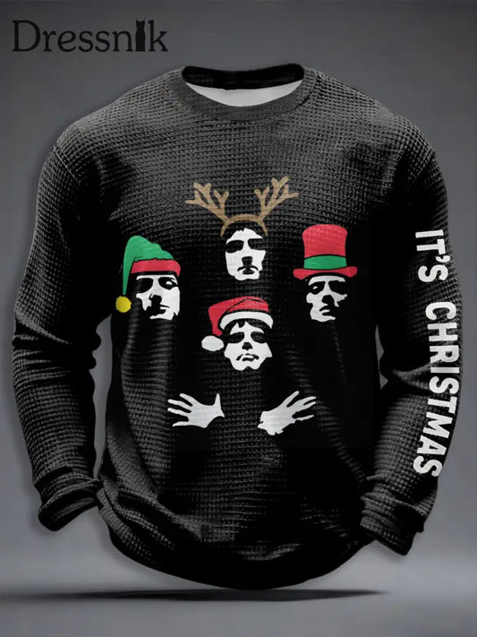 Herren Rock Band inspirierte Weihnachts Waffel Langarm T-Shirt Schwarz / S