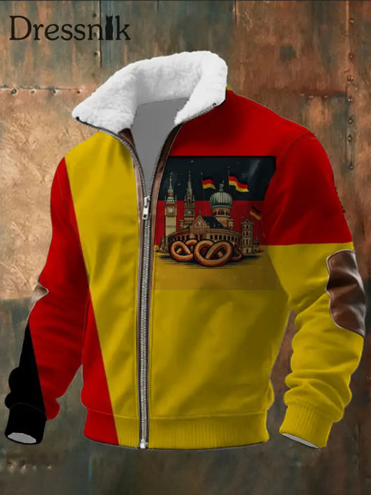 Herren Rot & Gelb Deutschland Flagge & Brezel Print Sherpa-Gelinierte Zip Jacke mehrfarbig / S