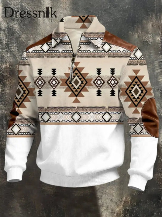 Herren rustikales beigefarbenes Tribal muster Leder-Akzent-Sweatshirt mit viertel Reiß verschluss mehrfarbig / S