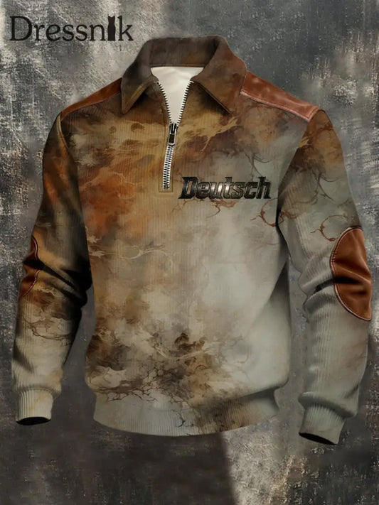 Herren rustikales braun-graues ’Deutsch’ Marmor-Leder-Akzent-Sweatshirt mehrfarbig / S