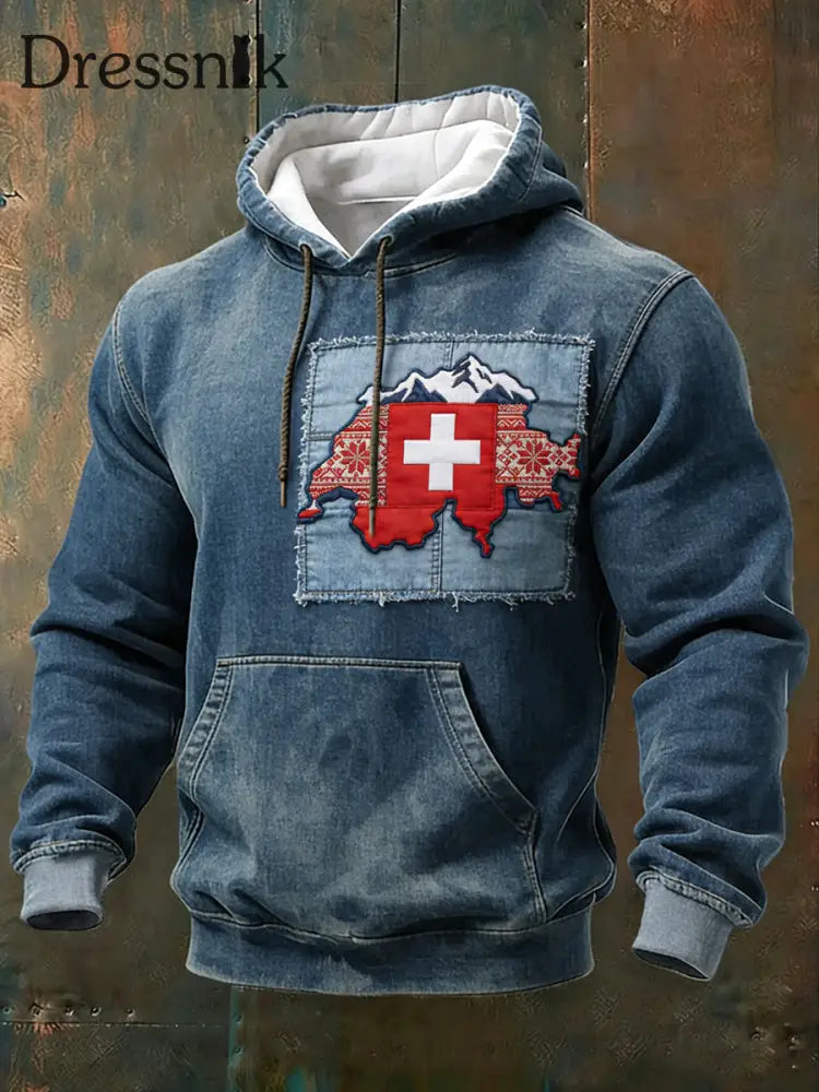 Herren Rustikales Patchwork Schweizer Karten druck Denim Hoodie mehrfarbig / S