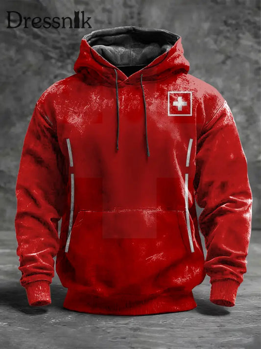 Herren schlanke rote Schweizer Kreuz Minimalist Print Hoodie mehrfarbig / S