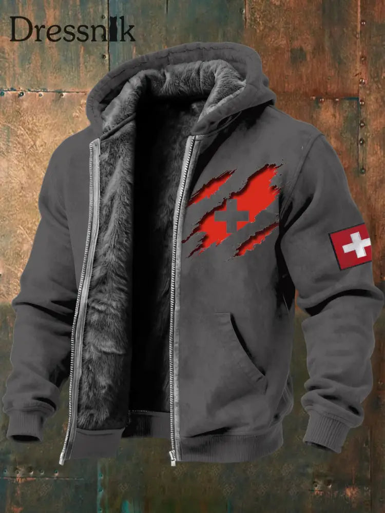 Herren schlanke zerrissene Jacke mit Reiß verschluss mit Fleece-Auskleidung Schweizer Kreuz druck mehrfarbig / S