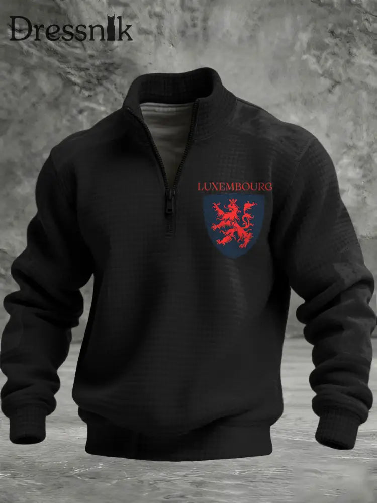 Herren Schlanker Luxemburger Löwen-Crest-Druck Schwarzer Ständer-Kragen-Pullover mehrfarbig / S