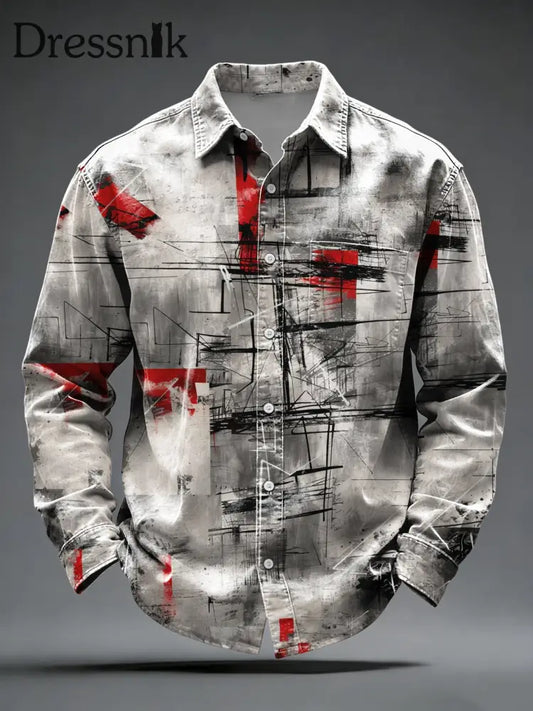Herren Schlankes grau-rotes abstraktes Linien-Kunst-Button-Down-Shirt mehrfarbig / S