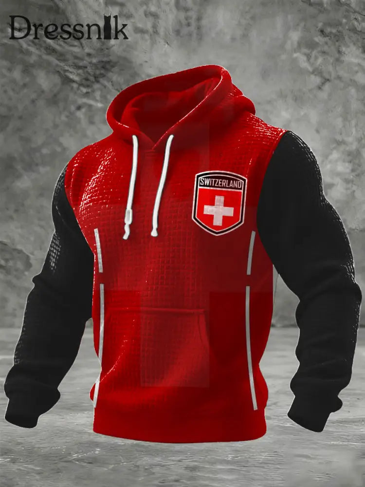 Herren Schlankes Rot & Schwarz Schweizer Schild Print Waffel-Strick-Hoodie mehrfarbig / S