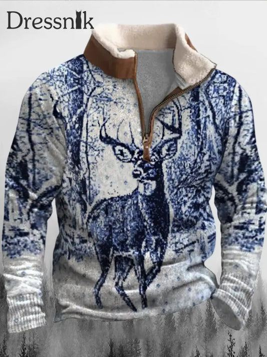 Herren Schnee Landschaft Hirsch Print Pelz Kragen Reiß Verschluss Flush Outdoor Sweatshirt A / S