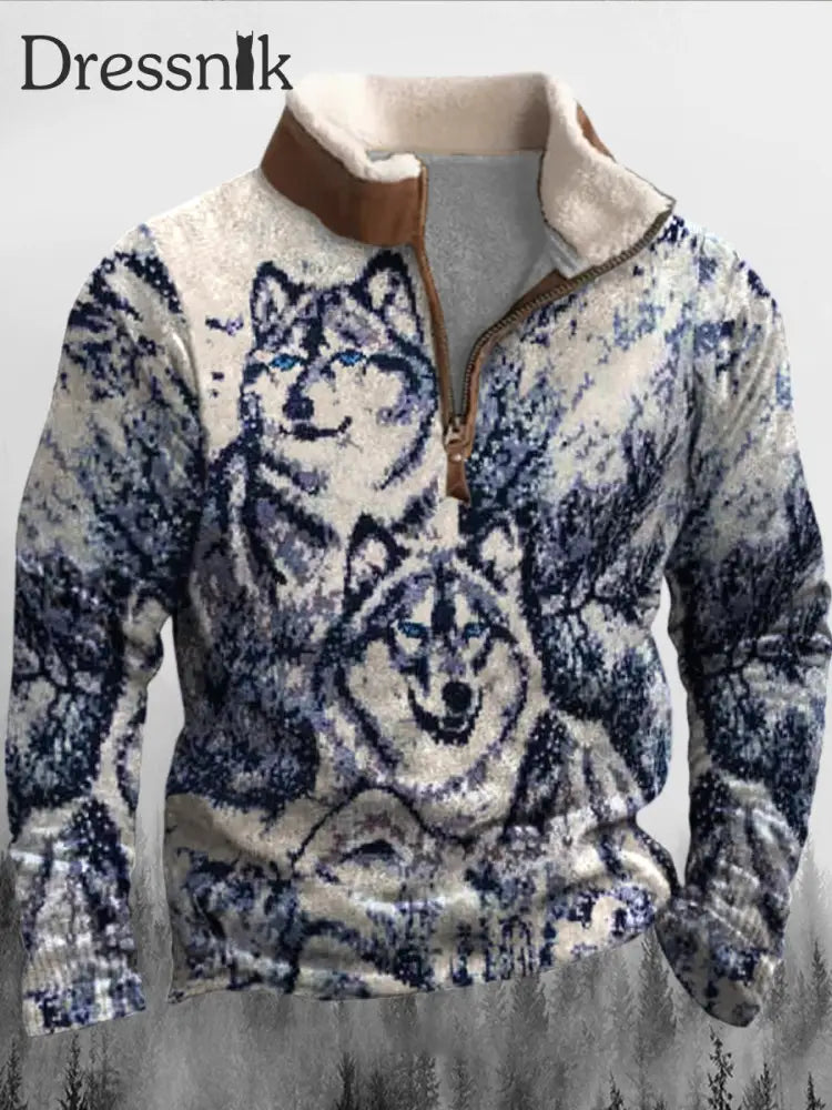 Herren Schnee Landschaft Wolf Print Pelz Kragen Reiß Verschluss Flush Outdoor Sweatshirt A / S