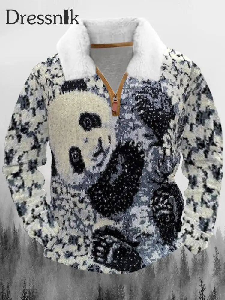 Herren Schneeflocke Panda Knit Print Verdickter Pelzkragen Reiß Verschluss Flush Outdoor