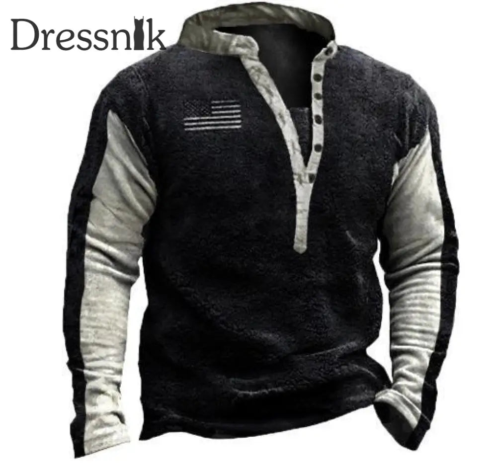 Herren Schwarz-Weiß Patchwork-Flagge Druck Stand Kragen Knopf Bündig Outdoor Sweatshirt A / S