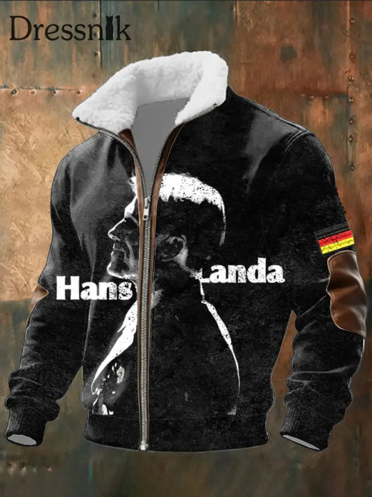Herren schwarze ’Hans Landa’ Porträt und deutsche Flagge Patchwork Lamm Woll kragen jacke mehrfarbig / S