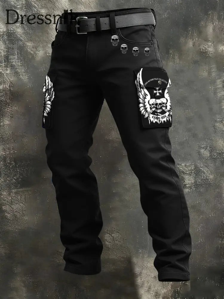Herren schwarzer Nieten schädel mit Flügeln und eisernen Cross Cargo hosen mehrfarbig / S