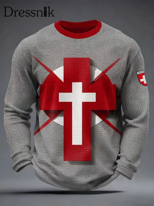 Herren-Schweizerkreuz-Waffel-Gewebe-T-Shirtt Grau / S