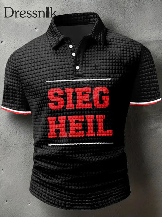 Herren Sieg Heil Print Waffel Polo Hals Kurzarm T-Shirt Schwarz / S