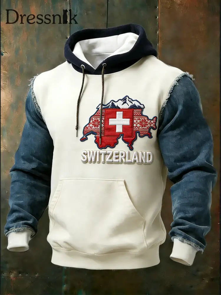 Herren Sleek Cream & Denim Swiss Map Print Hoodie mehrfarbig / S