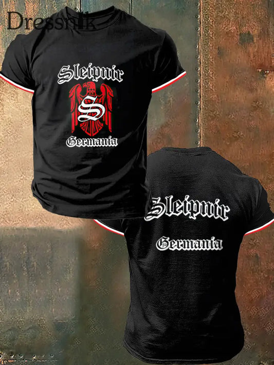 Herren Sleipnir Bermania Print Vintage Mode Kurzarm T-Shirt Schwarz / S