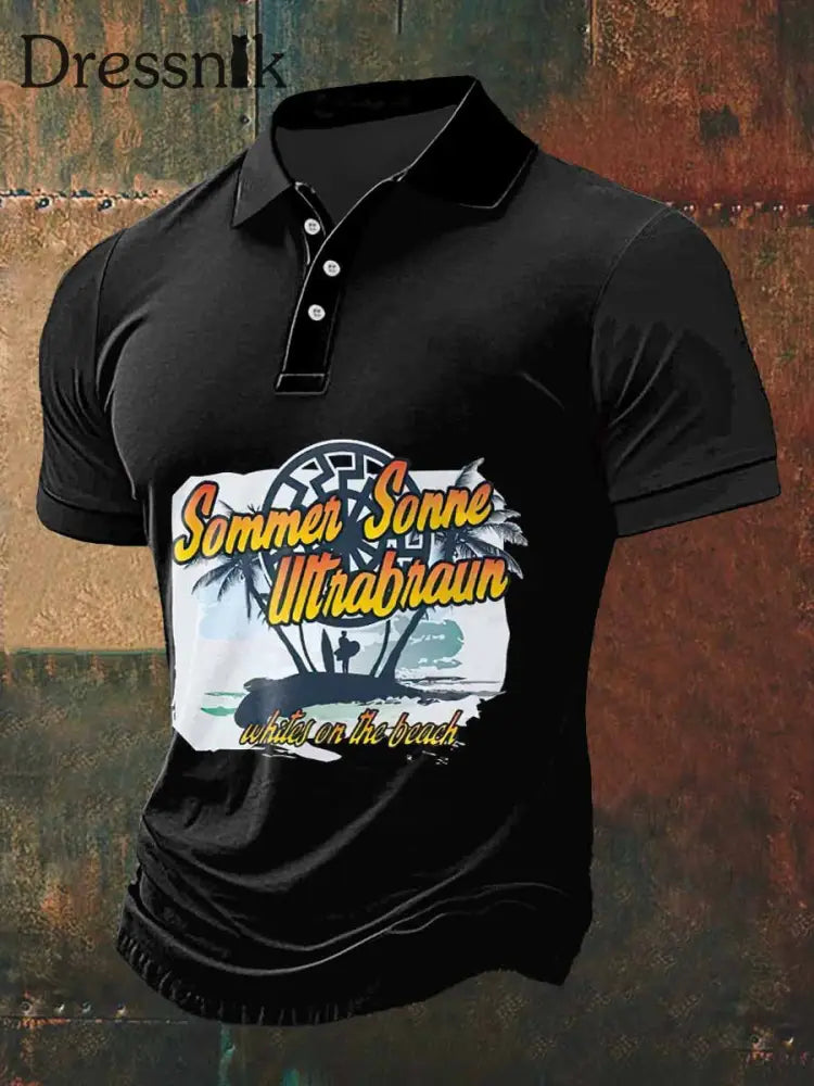 Herren Sommeh Sonne Print Polo Hals Kurzarm T-Shirt Schwarz / S