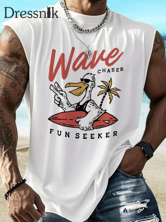 Herren Sommer Strand Kollektion Cartoon Ente Surfbrett Tropical Beach Style Tank Top Weiß / S