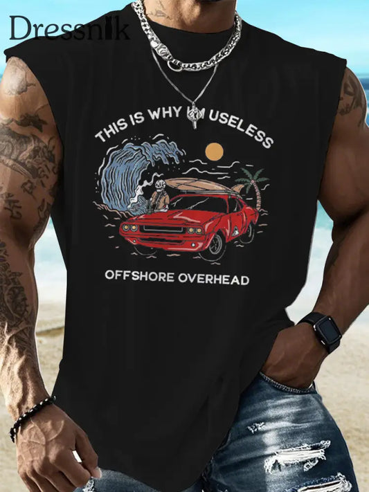 Herren Sommer Strand Kollektion Ocean Wave Palme Tropical Beach Style Tank Top Schwarz / S