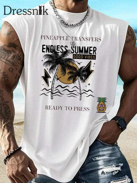 Herren Sommer Strand Kollektion Palme Sonnen untergang Tropical Beach Tank Top Weiß / S