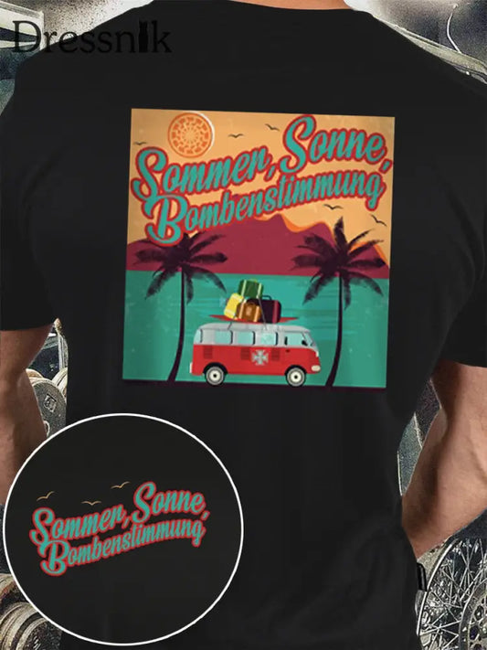 Herren Sommer zeit bedrucktes Kurzarm-T-Shirt Schwarz / S