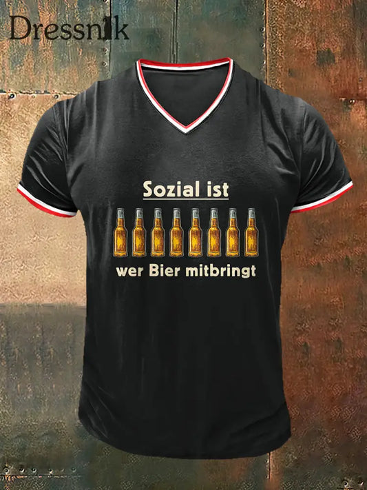 Herren Sozial Ist Mit Bier Bedruckt Vintage Mode Kurzarm T-Shirt mit V-Ausschnitt Schwarz / S