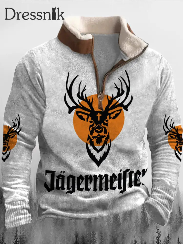 Herren Spirituosen Kultur Jägermeister Druck Pelz Kragen Reiß Verschluss Flush Outdoor Sweatshirt