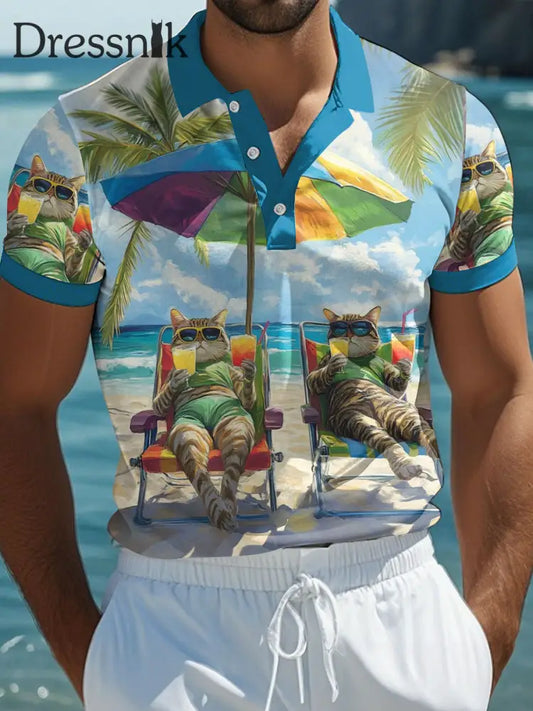 Herren Strand Katze Print Casual Polo Shirt Blau / S