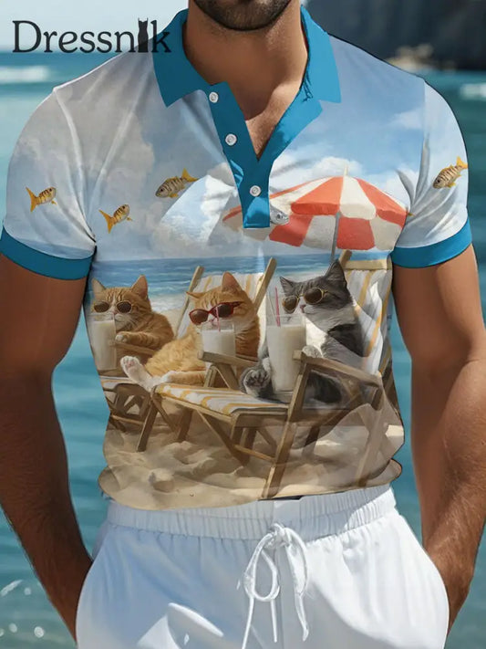 Herren Strand Katze Print Casual Polo Shirt blau / S