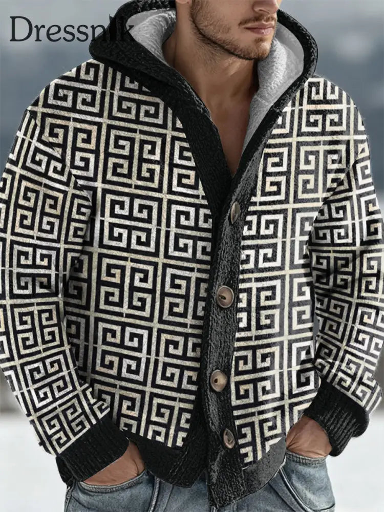 Herren-Strickjacke mit griechischer Schlüssel Kunst mit Kapuze Schwarz / S