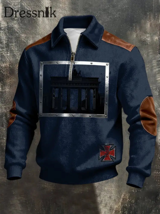 Herren-Sweatshirt mit dreitem Reiß verschluss Marine-Brandenburger Tor & Kreuz-Detail mehrfarbig / S