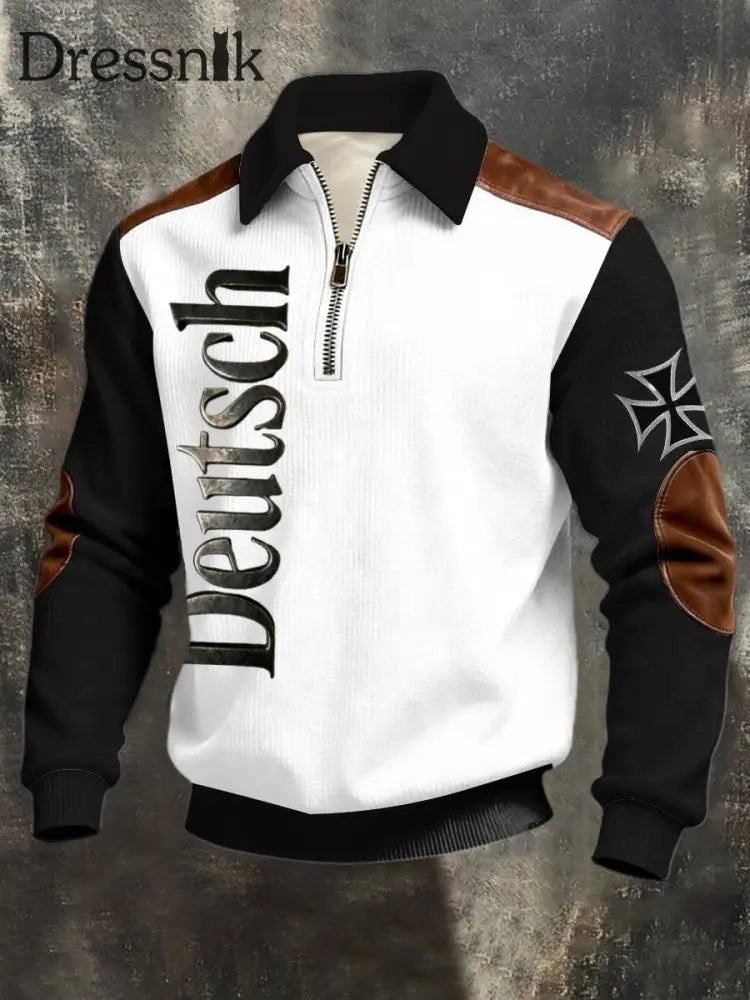 Herren-Sweatshirt mit dreitem Reiß verschluss Schwarz-Weiß ’Deutsch’ Kreuz-Leder-Akzent mehrfarbig / S