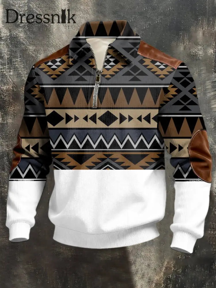 Herren-Sweatshirt mit dunklem Stammes muster aus Leder mit viertem Reiß verschluss mehrfarbig / S