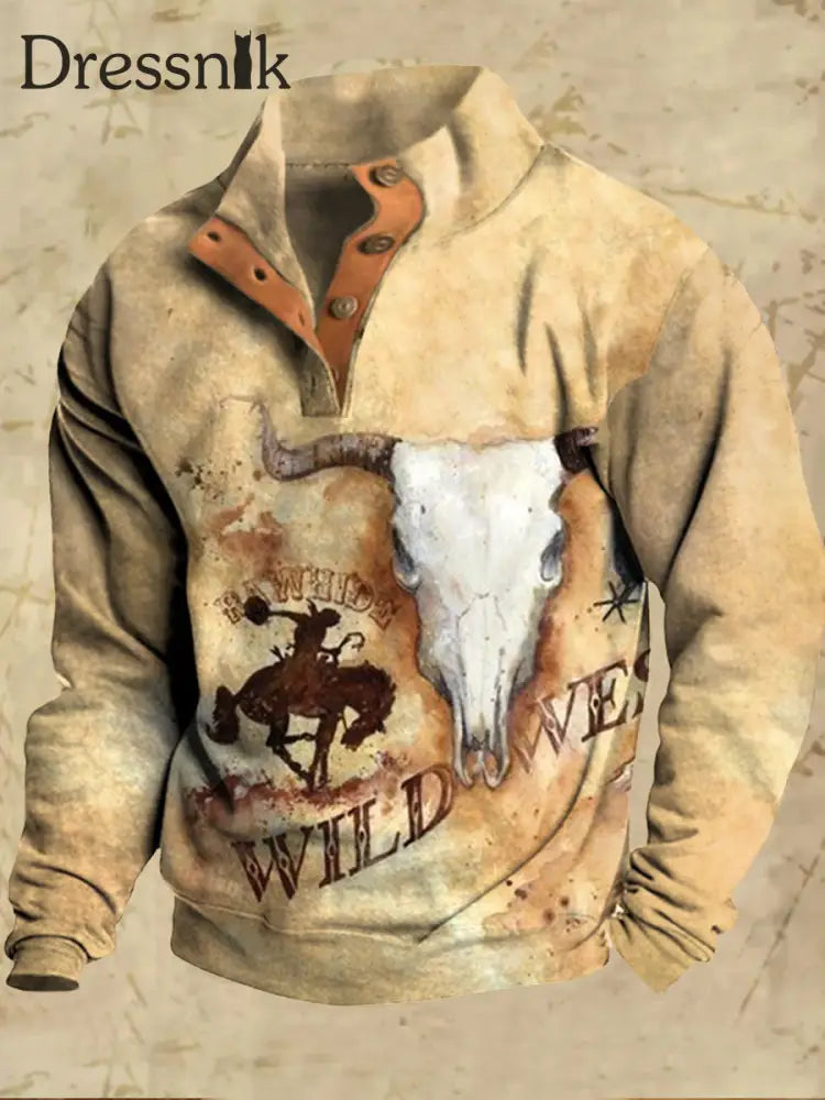 Herren-Sweatshirt mit klassischem Druck locker mit Stehkragen Western Hunter