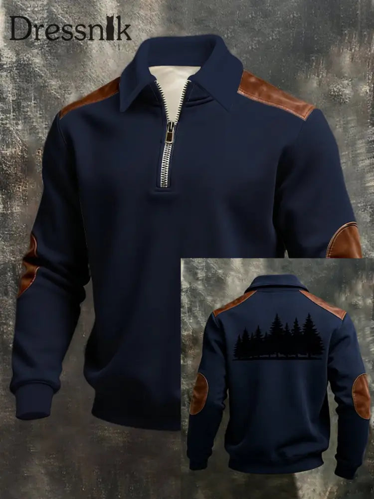 Herren-Sweatshirt mit raffiniertem Navy Forest Print mit Leder-Akzent und Quarter-Reiß verschluss mehrfarbig / S