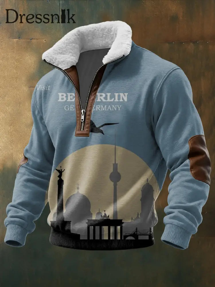 Herren-Sweatshirt mit Reiß verschluss mit blauem Berliner Skyline-Print mehrfarbig / S