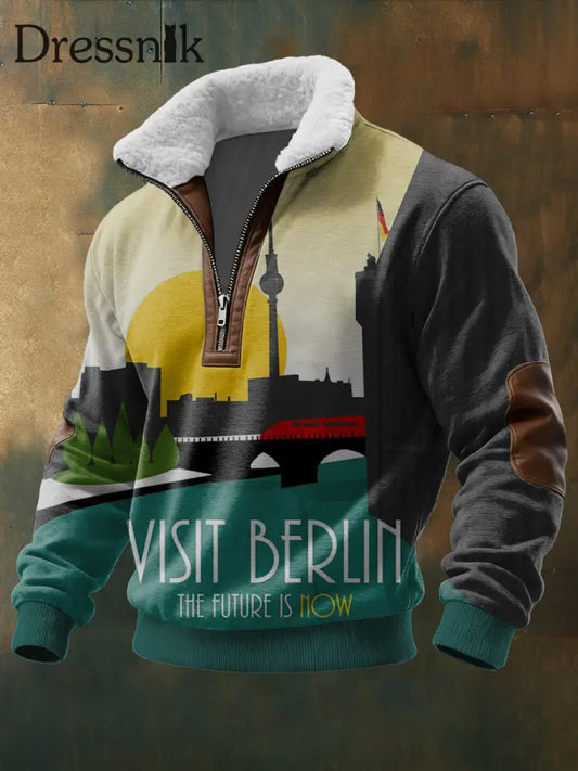 Herren-Sweatshirt mit Reiß verschluss mit buntem Besuch Berlin Print mehrfarbig / S