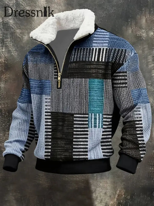 Herren-Sweatshirt mit Retro-Farb block druck Pelz kragen als bild / S