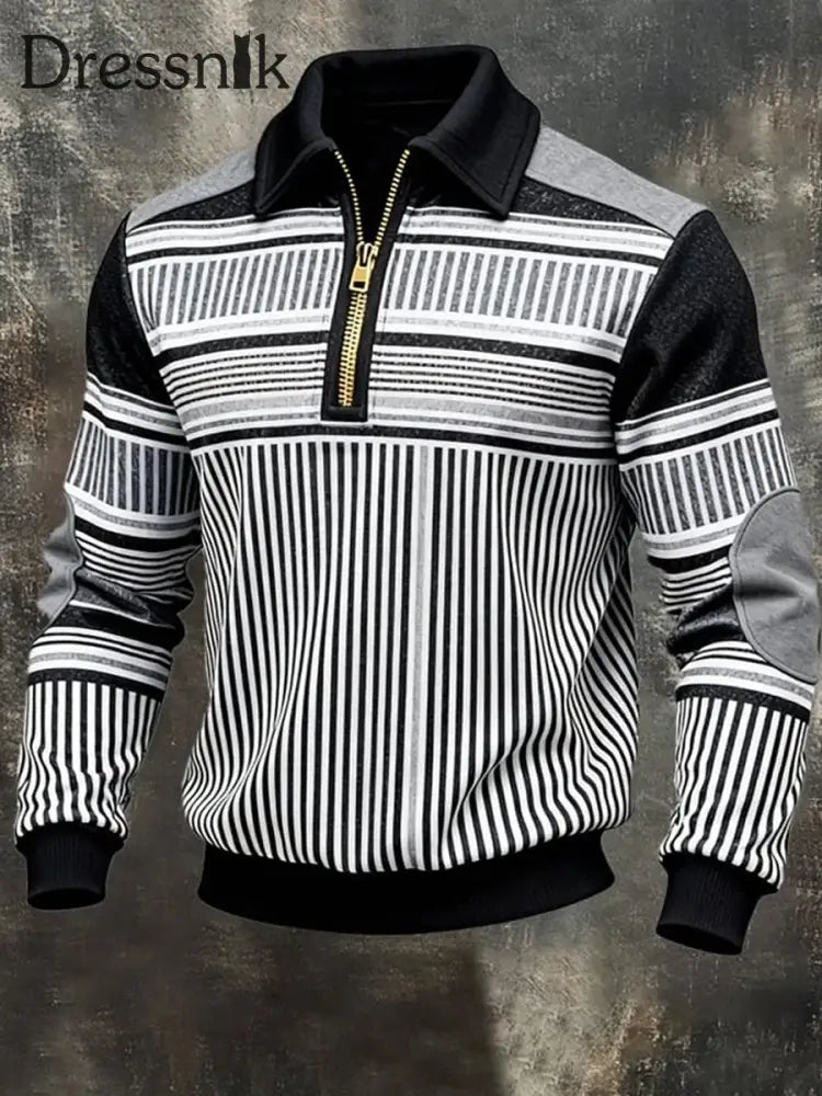 Herren-Sweatshirt mit Retro-Streifen bedruckt lässig mit halbem Reiß verschluss Schwarz / S