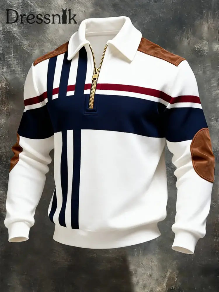 Herren-Sweatshirt mit Retro-Streifen bedruckt lässig mit halbem Reiß verschluss Weiß / S