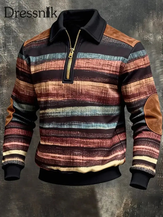 Herren-Sweatshirt mit Retro-Streifen bedruckt lässig mit halbem Reiß verschluss Ziegelrot / S