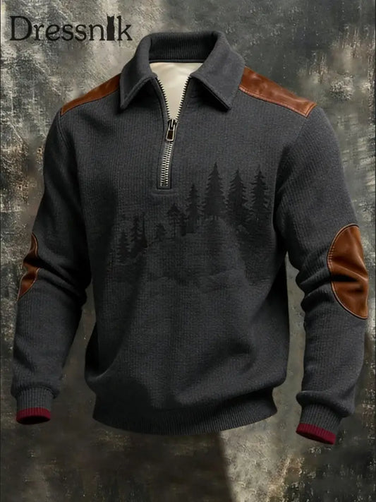 Herren-Sweatshirt mit rustikalem Grauwald-Print mit Leder-Akzent-Viertel-Reiß verschluss mehrfarbig / S